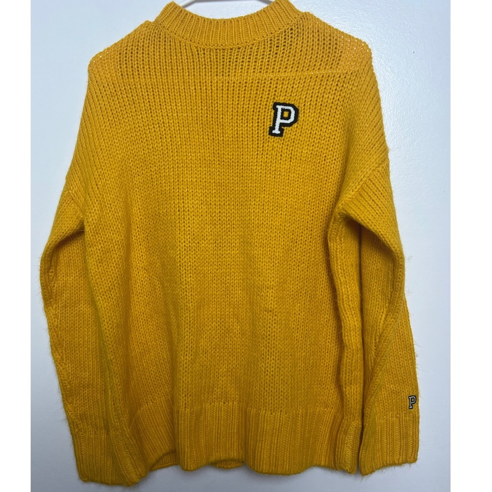PINK Victoria's Secret Mustard Yellow Varsity P Patch Chunky Knit Sweater XS/S